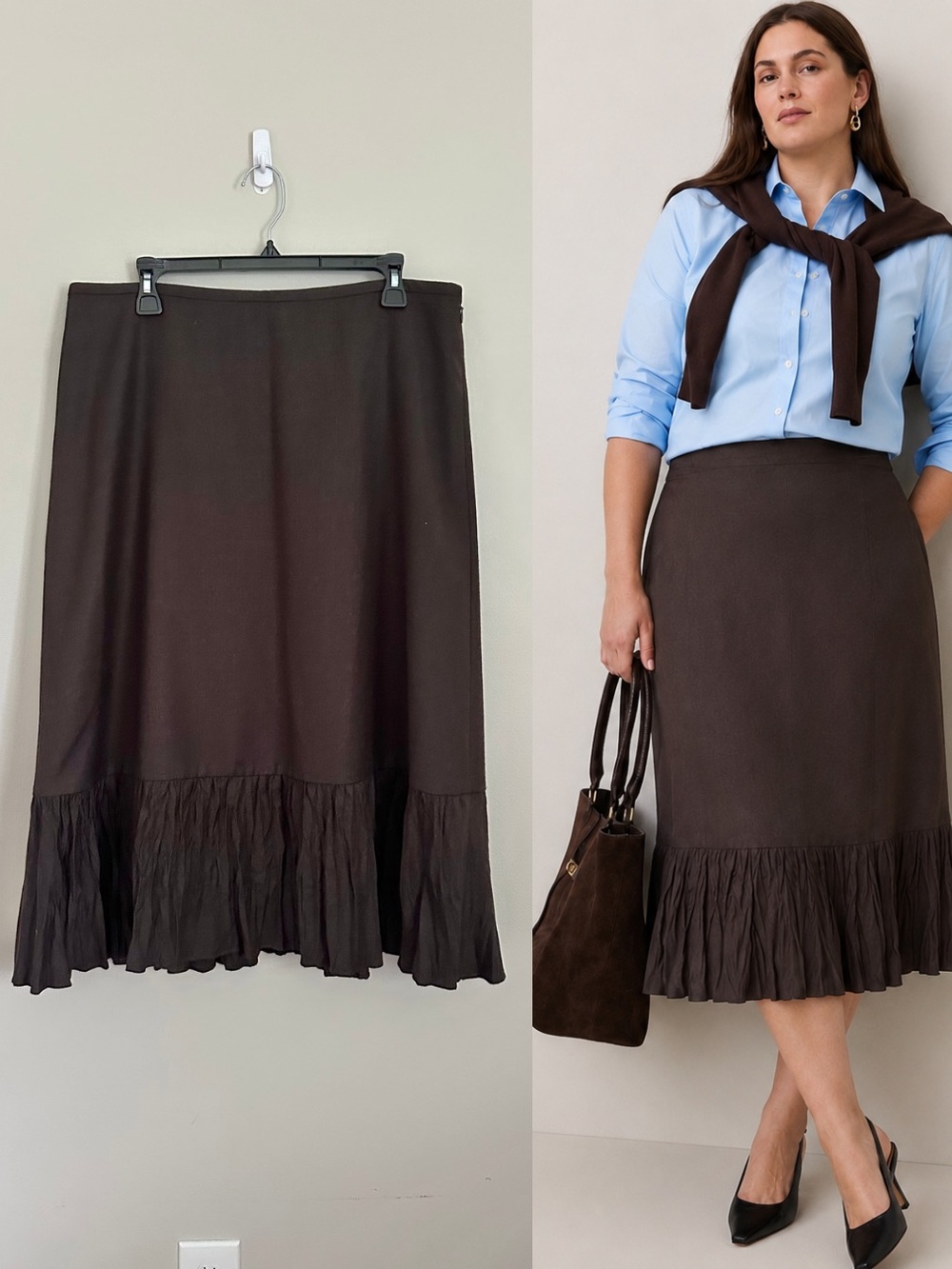 LOFT Midi Skirt Size 16 Wool Blend Crinkle Hem Espresso Brown Career Classic